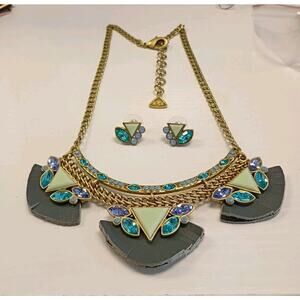 Silpada KR Posy Fringe Bib Leather Brass Swarovski Crystal Necklace And Earrings